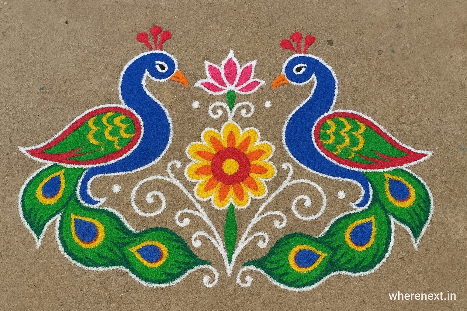 Peacock rangoli design with detailed artwork