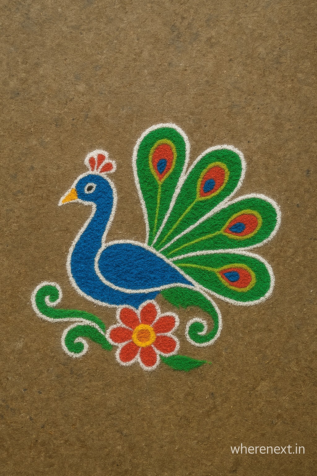 Peacock rangoli with colorful patterns